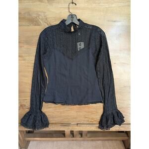 Free People Lace Blouse Top Womens Medium Black Crop Long Sleeve High Neck NWT